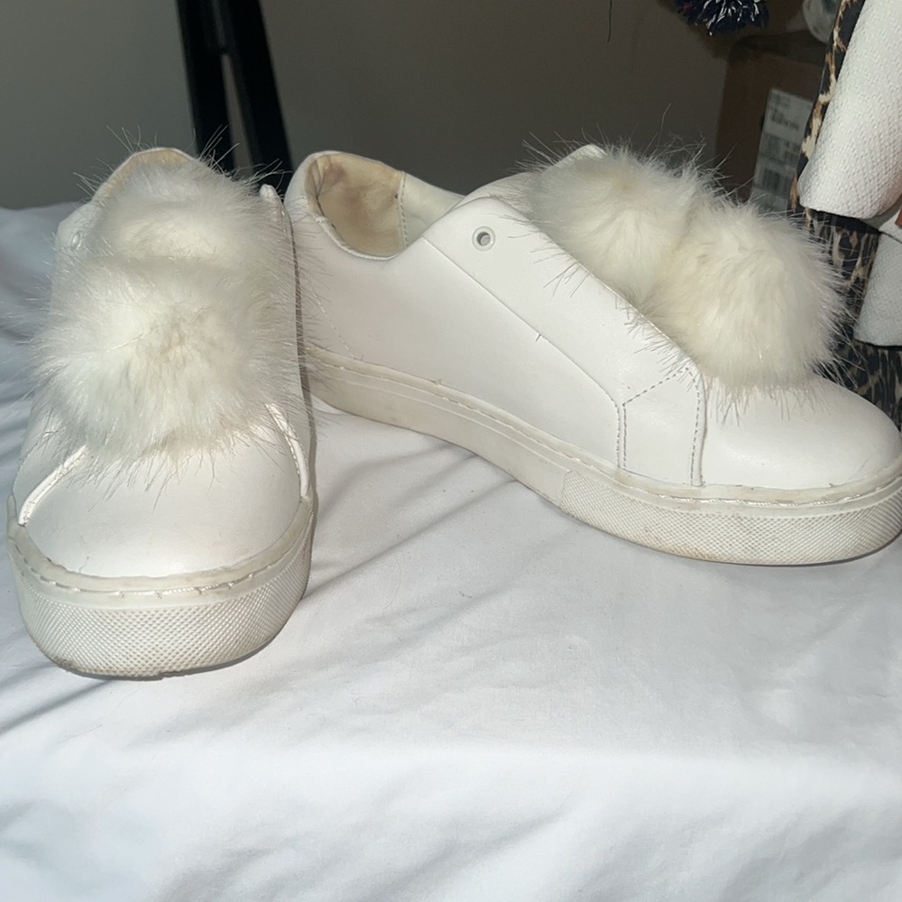Sam Edelman White Leather Sneakers with Puff Fur Accent